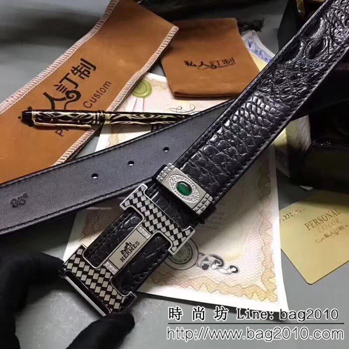 愛馬仕HERMES 純手工無拼接美洲鱷魚小骨皮 純手工高端男士皮帶 HHG1071